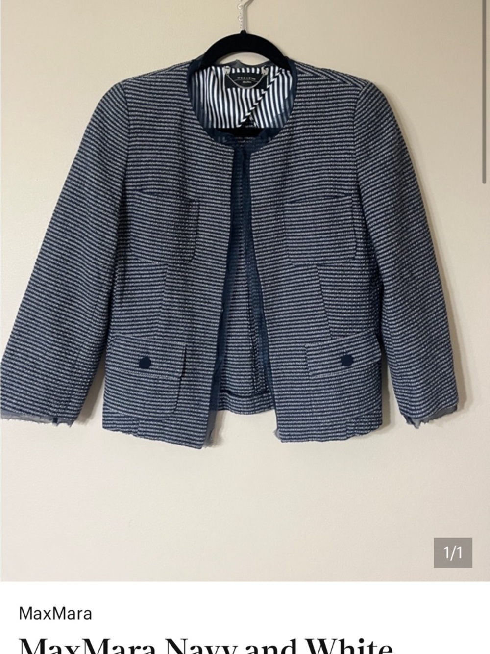 MaxMara Navy & White Collarless Bouclé Jacket